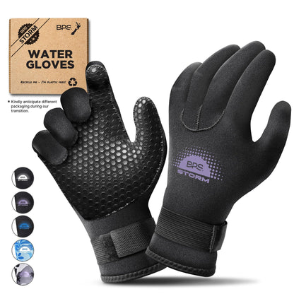 BPS 3mm Neoprene Diving Gloves with Anti Slip Palm - Full Finger Gloves for Scuba Diving, Snorkeling, Surfing, Paddleboarding, and Other Water Sports - for Kids and Adults (Black/Lilac Grey, Large)
