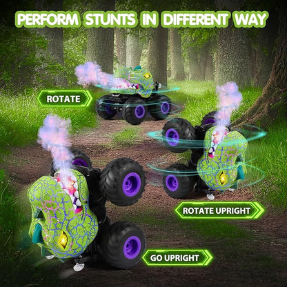 DYODYORC Remote Control Car 2.4Ghz All Terrain Dinosaur Monster Truck Toys RC Truck with Spay Music 3 Lighting Effects Stunt Capable Toy Gifts for Boys and Girls (Green Purple)