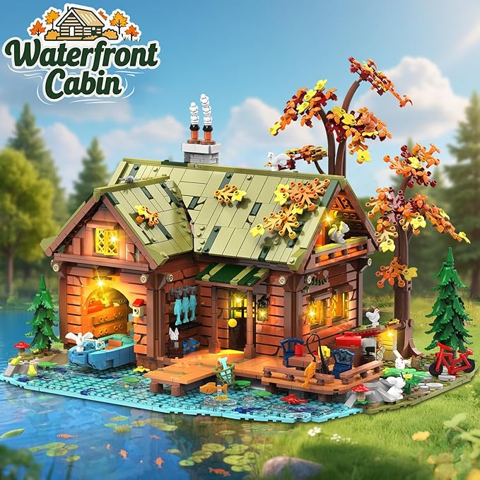 Overwater Cabin Mini Building Set with Light 2423 PCS Wooden Forest House Building Block Toy with Boat Bike Animals Home Decor Treehouse Construction Model Kit for Adults Teens Boys Girls 12+