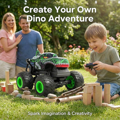 Remote Control Dinosaur Car for Boys 8-12 Sturdy 1:20 Scale RC Monster Truck with LED Lights &amp Roaring Sound 2.4GHz All Terrain Off Road Toy Vehicle Birthday Easter Gifts for Kids 8-12(Green)