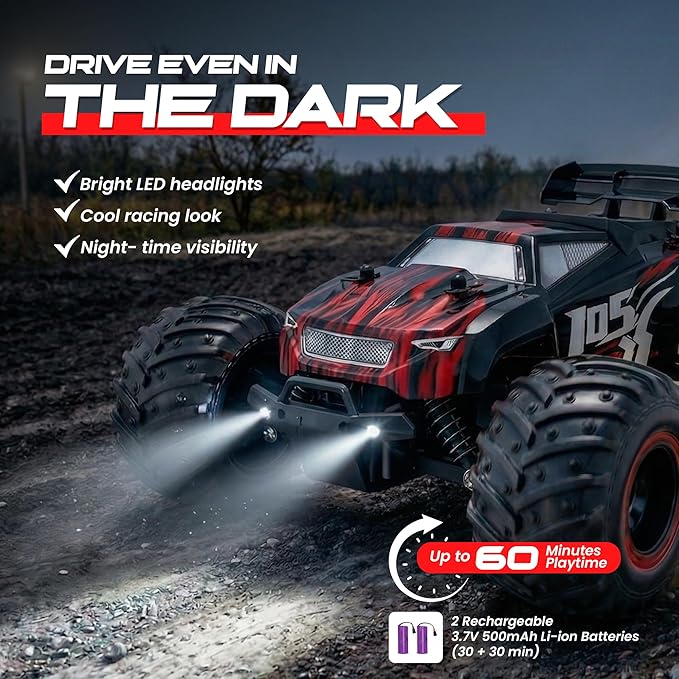 Remote Control Car 2.4GHz high Speed 20km/H 1:16 Scale 4 * 4 Off-Road RC Truck High Speed All-Terrain Racing Vehicle with 2*Rechargeable Batteries LED Lights Gifts for Kids &amp Adults