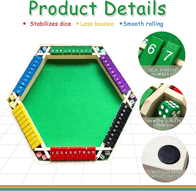 6-Player Shut The Box Game – Wooden Close The Box Math Game with Dice Educational Family Board Game for Learning Addition &amp Strategy Multi-Color 1-10 Number Flip Blocks