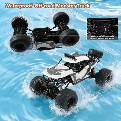 1:8 Large Amphibious RC Car – 4WD Waterproof Monster Truck Drives on Water &amp Land All Terrain Remote Control Truck with LED Lights Toy for Kids 3 Years and Up