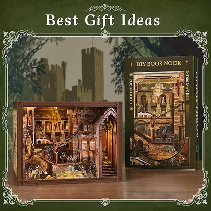 Book Nook Kit - DIY Miniature Dollhouse Kit Dollhouse Booknook Tiny House Bookshelf Decor 3D Wooden Puzzle Gifts for Family Friends (Robin Hood - The Castle's Escape)