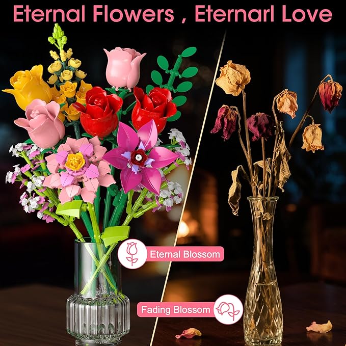 Flower Bouquet Building Blocks Set – 765Pcs DIY Floral Arrangement Toy for Home Office Decor Birthday Anniversary for Women Girls Kids Flowers Model Kit for Ages 6+