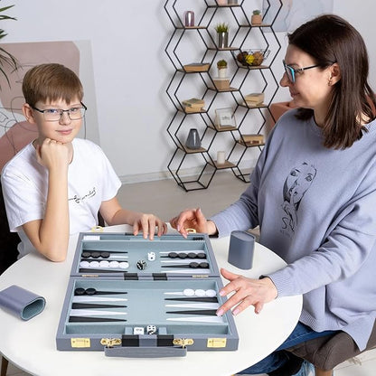 Backgammon Set 2 Players Classic Backgammon Sets for Adults Board Game with PU Leather Case Portable and Travel Backgammon Set (Grey 18inch)