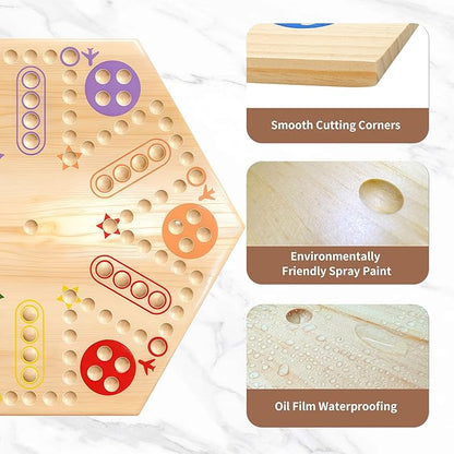 Wooden Wahoo &amp Board Game – Double-Sided Painted Fast Track Game for 4 to 6 Players with 30 Marbles and 6 Dice Ideal for Family Game Night and Friends Gatherings (Wooden)