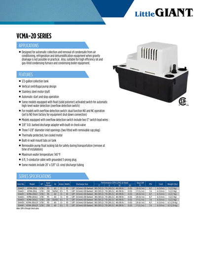 Little Giant VCMA-20ULS 115 Volt, 80 GPH, 1/30 HP Automatic Condensate Removal Pump for HVAC/Refrigeration Systems/Dehumidifiers with Overflow Detection Switch and 6-Foot Cord, White/Black, 554425
