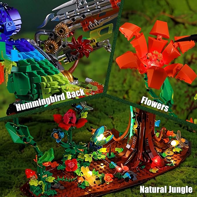 Hummingbird Building Blocks Set for Adults Boys Girls (1704 Piece) Animals Bird + Flower Natural Jungle Model with Lights Cool Mech Bird Home Decor Display Model Creative Birthday Gifts