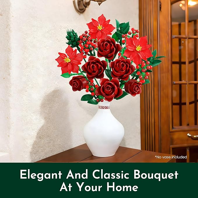 Rose Flower Bouquet Building Set for Adults Buildable Artificial Poinsettia Floral Botanical Decor for Table Centerpiece Birthday for Women Girlfriend Mom Wife(917 Pcs)
