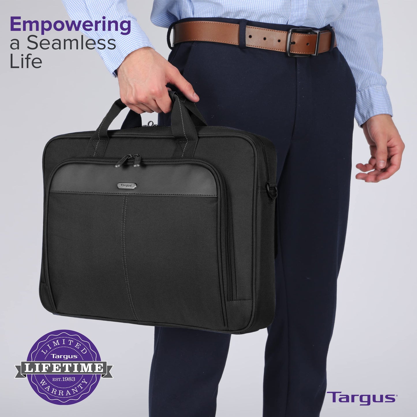 Targus 15-16 Inch Classic Slim Laptop Bag, Black - Ergonomic Briefcase and Messenger Bag - Spacious Foam Padded Laptop Bag for 16" Laptops and Under (TCT027US)
