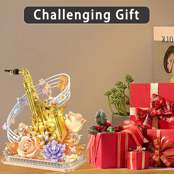 Mini Building Blocks Sets Flower Saxophone - 1000+PCS Musical Instrument Micro Building Bricks Kit Toy - Creative Ideals Collectible Architecture Decoration Gift for Adults(Saxophone Flower)