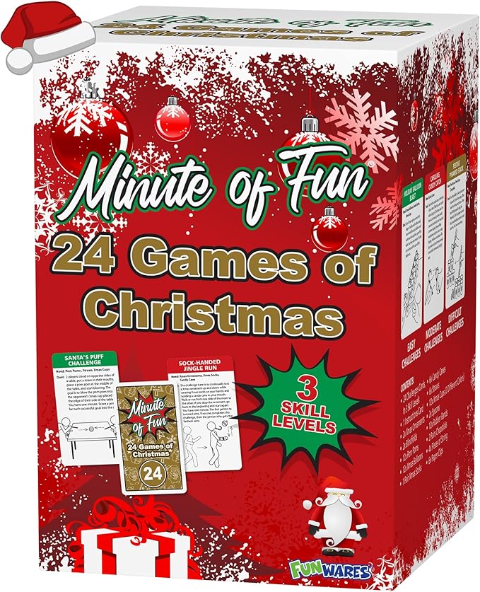 Funwares 24 Days of Christmas Games - Complete Advent Calendar Christmas-Themed Minute to Win It Challenges for Kids Teens &amp Families 2-12 Players Ready to Play Right Out of the Box!