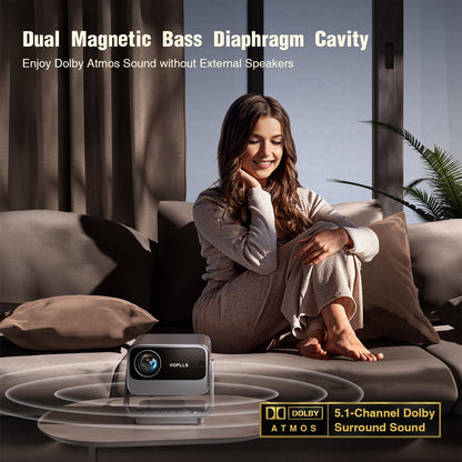 [Netflix Officially & Auto Focus] VOPLLS 4K Projector with WiFi and Bluetooth, 3D Stereo Sound & Auto Keystone Video Projector, 1200ANSI Outdoor Movie Projector, 50% Zoom, MAX 300''Display (Grey)