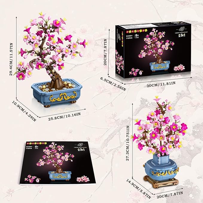 HOGOKIDS Flowers Cherry-Blossom Bonsai Building Set - 2 in 1 Artificial Bonsai Tree Plants for Home Decor &amp Display Cherry Botanical Building Blocks Birthday Easter Gift for Adults Teens (775PCS)