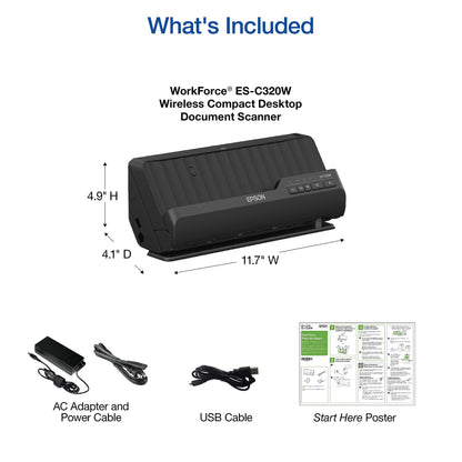 Epson - Workforce ES-C320W - Wireless Compact Desktop Document Scanner - 2-Sided Scanning and Auto Document Feeder - Paper and Card Scanner - Black