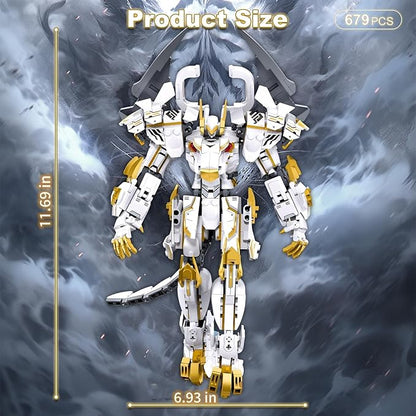 HIGH GODO Mech Robot Building Blocks Set for Adults Flexible Cool White Tiger Warrior Model Kit with Two-Handed Axes Weapon Toy Playset 679 Pieces Creative Mythical Ninja Gifts for Man Teens 14+