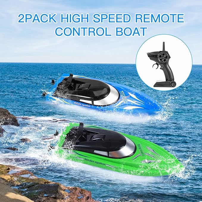 Lumiparty 2PACK RC BoatRemote Control Boats for Kids and Adults10km/H 2.4G High Speed Remote Control Boat Fast RC Boats for Pools and Lakes with 4 Rechargeable Battery. (Blue Green)