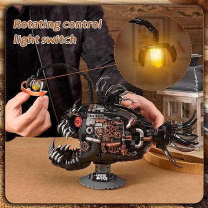Mechanical Lantern Fish Building Block Set1038 PCS Ocean Animals Decor Collection Toy Compatible with Lego Sets for Boys 8-14STEM Birthday Gift for Adults Women Girls Boys Age 8-12(with LED)