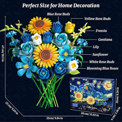 Blue Rose Sunflower Building Block Set - Compatible with Lego Flowers Adults Women Gothic Artificial Botanical Collection Van Gogh Starry Night Christmas Valentine's Gifts Home Decor