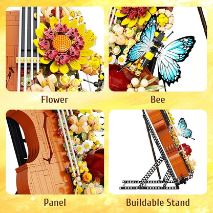 Flower Violin Building Blocks Set 1167PCS Music Instrument Toy with Stand Butterfly &amp Floral Details Creative Botanical Model for Adults Girls Home Office Decor Compatible with Lego Sets City Frie