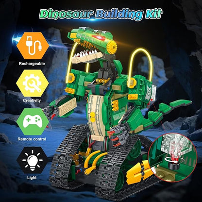 RC Dinosaur Building Toy with Light 5 in 1 Remote Controll Building Block Kit 877 PCS Tech Rechargeable Dinosaur Robot Toys Easter Birthday for Kids Boys Age 8 9 10 11 12+