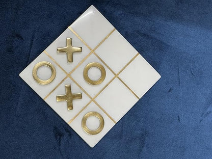 Marble Tic Tac Toe Game 8x8 Premium Handcrafted Natural Marble Board Game Modern Coffee Table and Home Decor Perfect for Living Room Unique Gift Decorative Board Game Set White and Gold XO