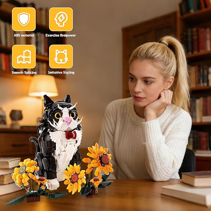 Tuxedo Cat Building Set with Sunflowers for Adults Ages 14+ Compatible with Lego Animal Kit for Home Living Room or Bedroom Decor Black - 1434PCS
