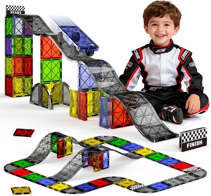 Magnetic Downhill Racer Set 40-Piece with Car &amp Tracks STEM Magnetic Tiles Building Toys for Kids Ages 3-8 Montessori Learning Toys with Reinforced Slopes &amp Loop Pieces