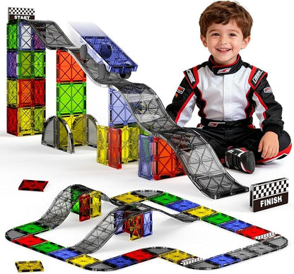 Magnetic Downhill Racer Set 40-Piece with Car &amp Tracks STEM Magnetic Tiles Building Toys for Kids Ages 3-8 Montessori Learning Toys with Reinforced Slopes &amp Loop Pieces