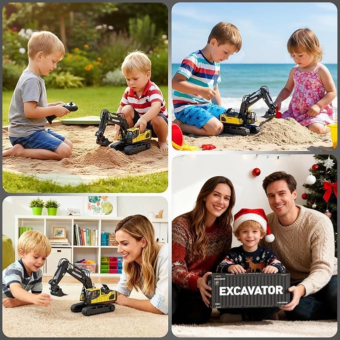 kolegend Remote Control Excavator Toy for Boy 2 Batteries- 1/20 Scale Remote Control Digger with Alloy Shovel Infinitely Rotating Cab Lights &amp Sounds - Gift for Kids Ages 678910