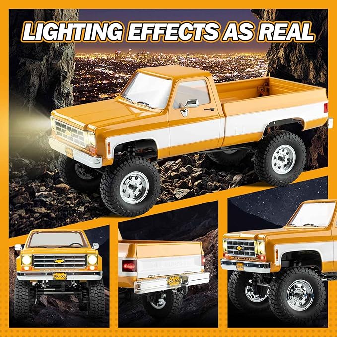 BEEZRC FMS 1/18 RC Crawler FCX18 Chevy K10 RC Truck RTR RC Car Official Licensed Model car 8km/h 4WD 900mAh Hobby RC Cars Remote Control Car with LED Lights Vehicle 4-Ch 2.4GHz Transmitter(Yellow)