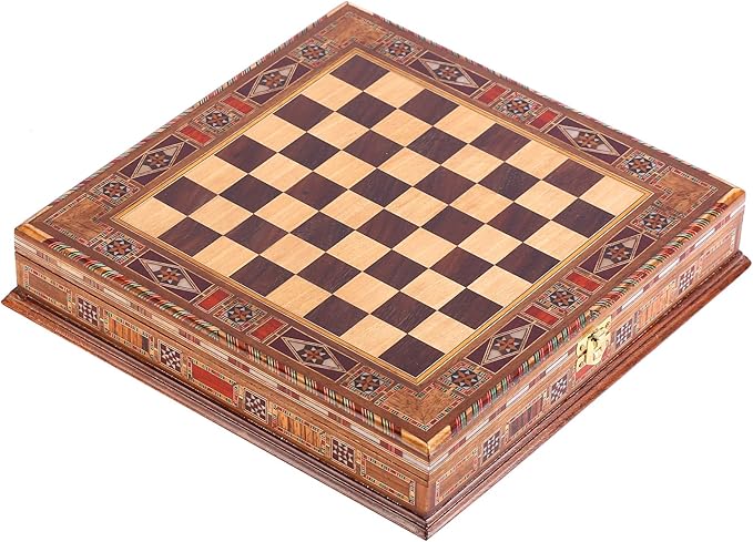 Egypt Pharaoh Antique Copper Figures Metal Chess Set for Adults Handmade Pieces and Natural Solid Wooden Chess Board with Pearl Design Around Board and Storage Inside King 3.4inc