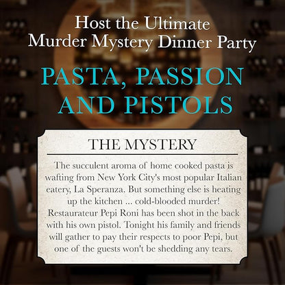Murder Mystery Party Pasta Passion &amp Pistols – Murder Mystery Dinner Party Game for Adults – Interactive Crime Solving Role Play Game Night Kit with Invitations &amp Clues – Ages 18+