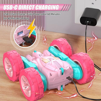 Pink Remote Control Car for Girls2.4 Ghz Double Sided RC Cars 360° Rotating Remote Control Crawler with USB-C Easy Charging Car Toys for 4 5 6 7 8 9 10 Girls Birthday Gift Grandkids