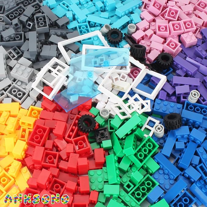 1000 Pieces Building Bricks Classic Building Bulk Blocks for Kids with 12pcs Wheels Accessories Windows Doors 2 Packs Studs Sticky Plate Compatible with All Major Brands Gfits for Kids