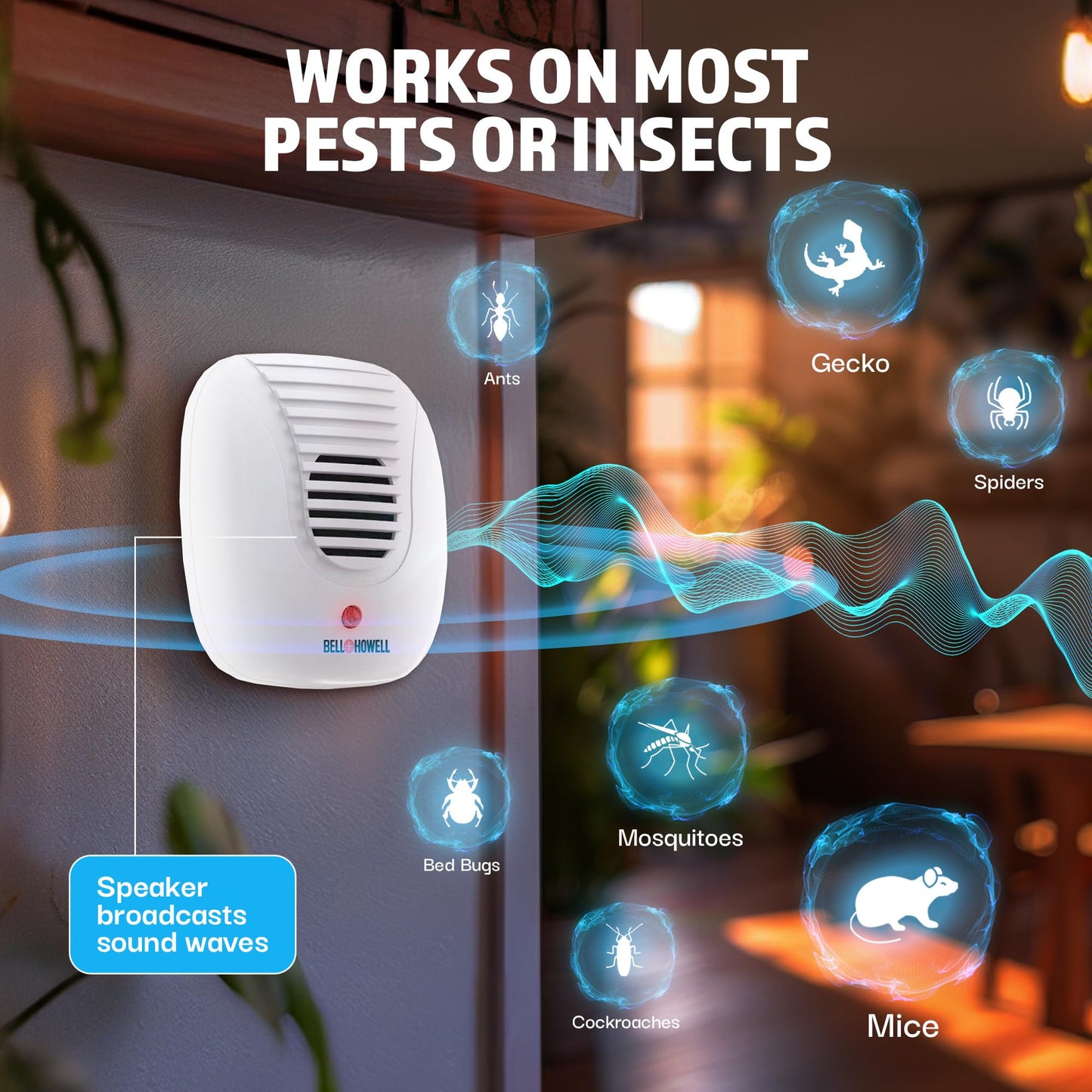 Bell + Howell Ultrasonic Pest Repeller Home Kit (Pack of 3), Ultrasonic Pest Repeller, Pest Repellent for Home, Bedroom, Office, Kitchen, Warehouse, Hotel, Safe for Human and Pet