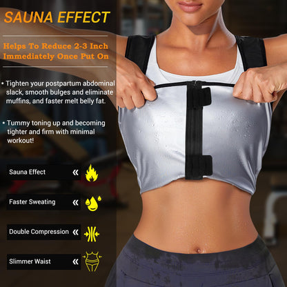TrainingGirl Women Sweat Vest Waist Trainer Trimmer Belt Weight Loss Hot Sauna Suit Zipper Workout Tank Tops Slim Body Shaper (Black, X-Large)