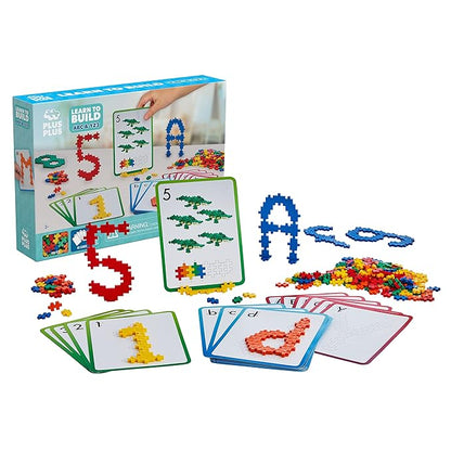 PLUS PLUS - Learn to Build ABC &amp 123 - 400 Pieces 40 Flash Cards - Construction Building STEM / STEAM Toy Interlocking Mini Puzzle Blocks for Kids
