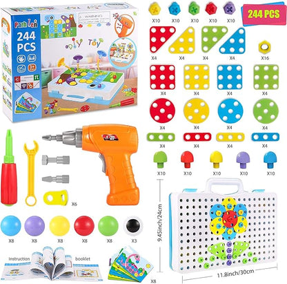 Educational Toys Building Blocks 244 Pieces Electric Screwdriver DIY Building Toys for Boys and Girls Educational Construction Building kit for Kids Ages 4 5 6 7 8 9 10 Year Old