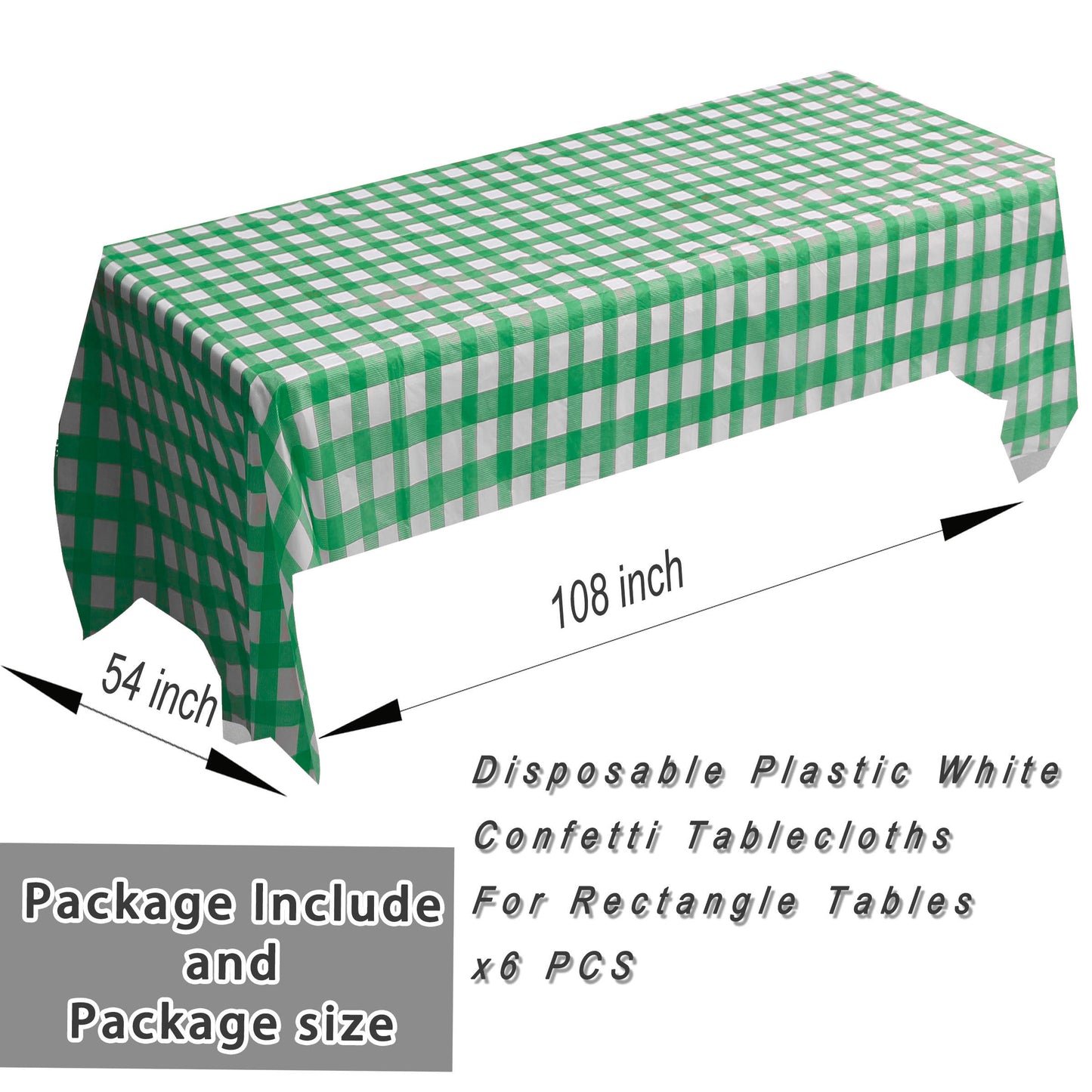 6 Packs Green Gingham CheckeGreen Table Cloth Party | 54x108 inch | Green Plastic isposable Table Cover Party | White Plastic Tablecloth | Party Table Clothes for Parties BBQ Picnic Birthday Wedding