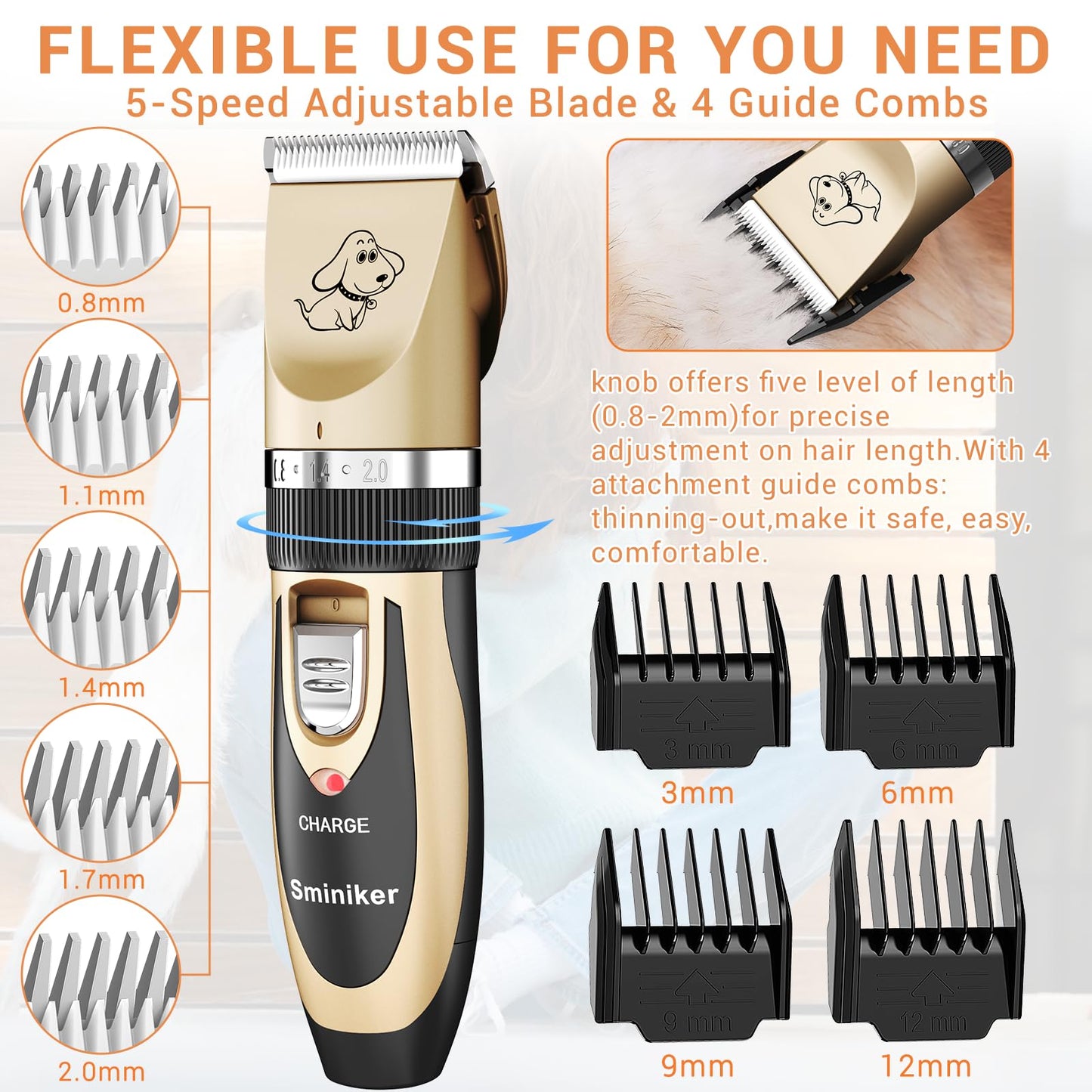 Sminiker Professional Rechargeable Cordless Dogs Cats Horse Grooming Clippers - Professional Pet Hair Clippers with Comb Guides for Dogs Cats Horses and Other House Animals Pet Grooming Kit