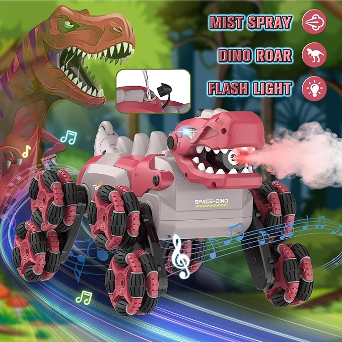 8 Wheels Dinosaur Transform RC Stunt Car - 2.4Ghz Remote Control Dinosaurs Monster Truck with Transforming &amp Spray &amp 360° Rotation Dinosaur Toys for Kids 5-7 8-12 Boy Christmas Birthday Gift