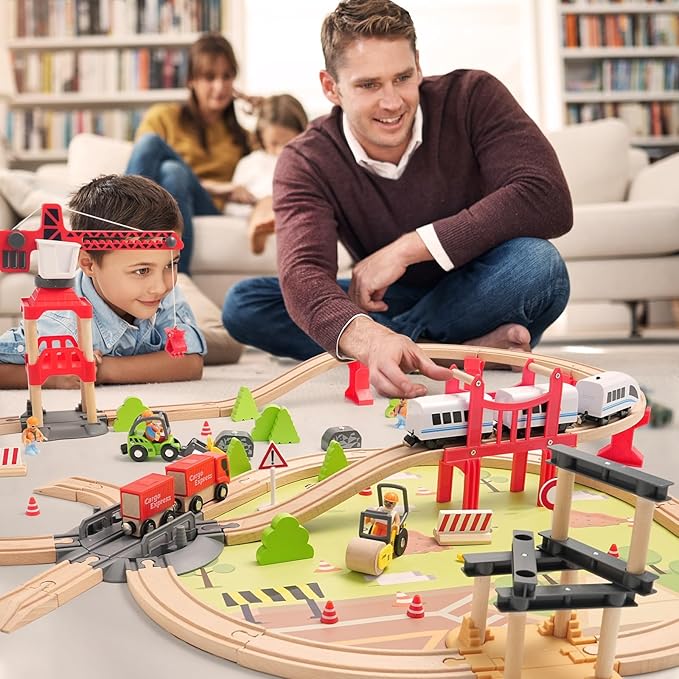 104 Pcs Wooden Train Set for Toddlers Magnetic Trains with Track for Kids Ages 3-6 Compatiable with Major Brands Construction Railway Playset Gifts for Boys and Girls Ages 3+