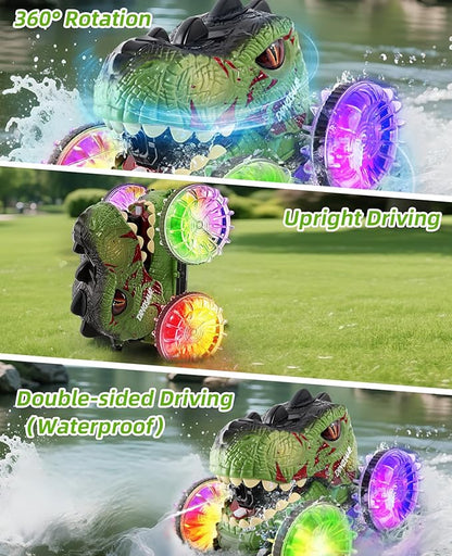 Amphibious Remote Control Monster Truck 4WD All Terrain Off-Road Dinosaur Truck with Water Gun 1:18 Scale RC Cars with Lights &amp Music 2.4 GHz Waterproof RC Dinosaur Car for Boys 4-7 Gifts