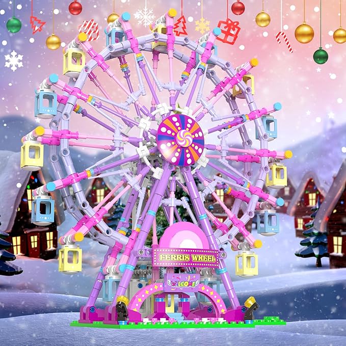 Ferris Wheel Building Block Set with Fairy Light Two-Way Rotating Ferris Wheel Building Set 813 Pieces Amusement Park Interlocking Blocks Toys for Ages 8-13 Gift Idea for Boys and Girls