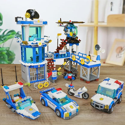 982Pcs City Police Station Building Toy Set - 6-in-1 Emergency Rescue Center with Police Car Boat Helicopter &amp Motorcycle - STEM Police Playset Gift for Kids Boys Girls Ages 6-12
