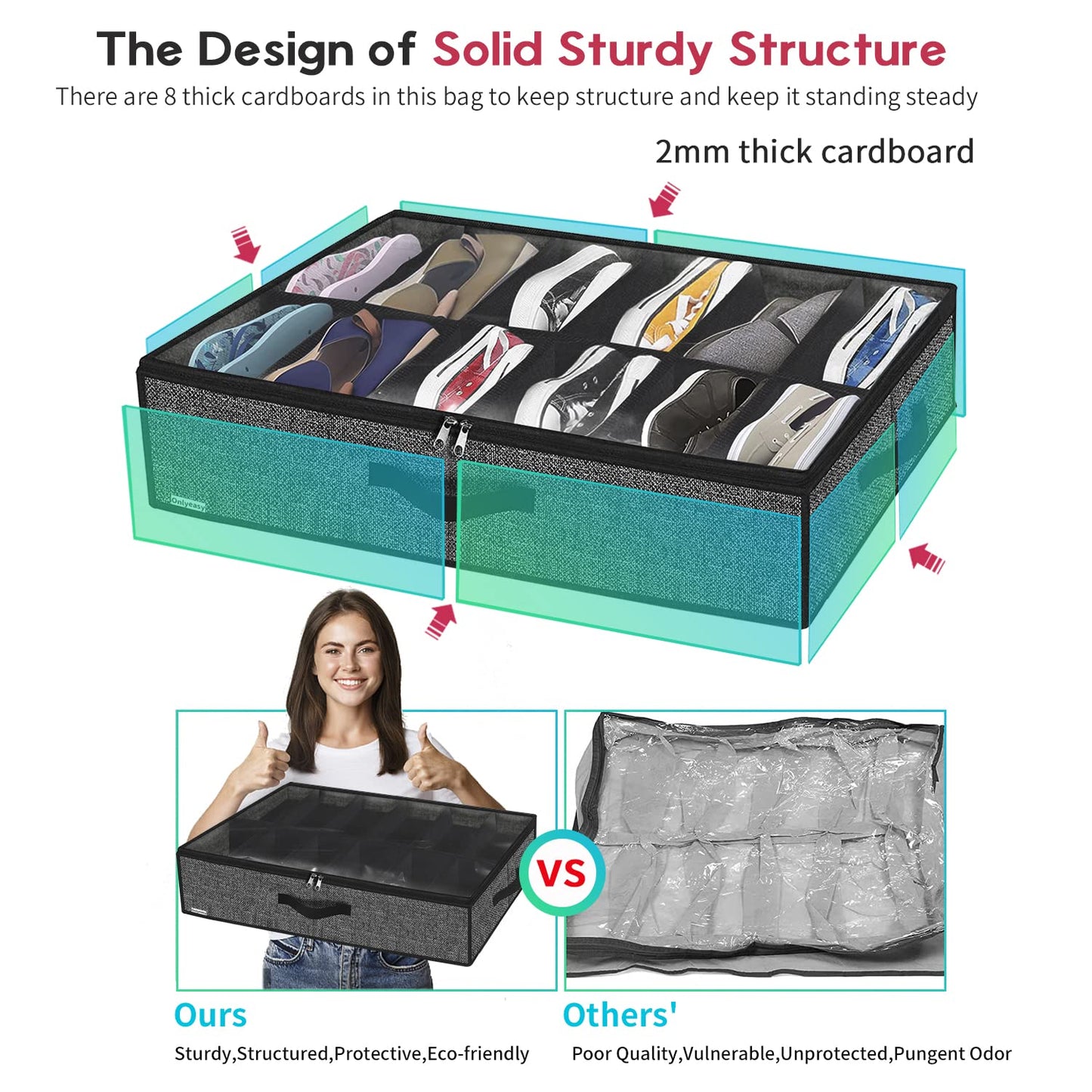 Onlyeasy Sturdy Under Bed Shoe Storage Organizer, Set of 2, Fit 12 to 24 Pairs, Underbed Shoes Closet Storage Solution with Clear Window, Breathable, L29.3"x W23.6"x H5.9", Linen-like Black, MXAUBSB2P