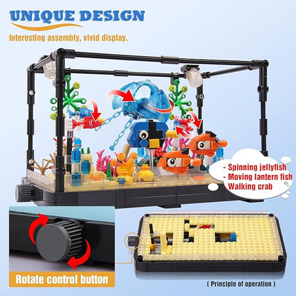 Jorumo Fish Tank Building Block Lighting Aquarium Building Sets for Adults and Kids Including Ocean Jellyfish Dolphin Turtle Crab Animal Building Toys for Boys Age 12+ 725pcs