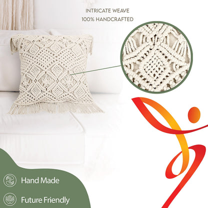 LIVALAYA Macrame Pillow Covers - Set of 2 Ivory Boho Throw Pillow Covers, Farmhouse Woven Bohemian Pillow Cover with Tassels for Bed Couch, Boho Decor Pillows, Decorative Cases for 18 inch Insert